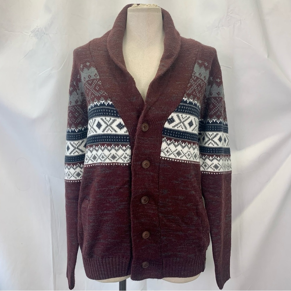 Cozy Y2K Cardigan Sweater with Geometric Pattern and Shawl Collar